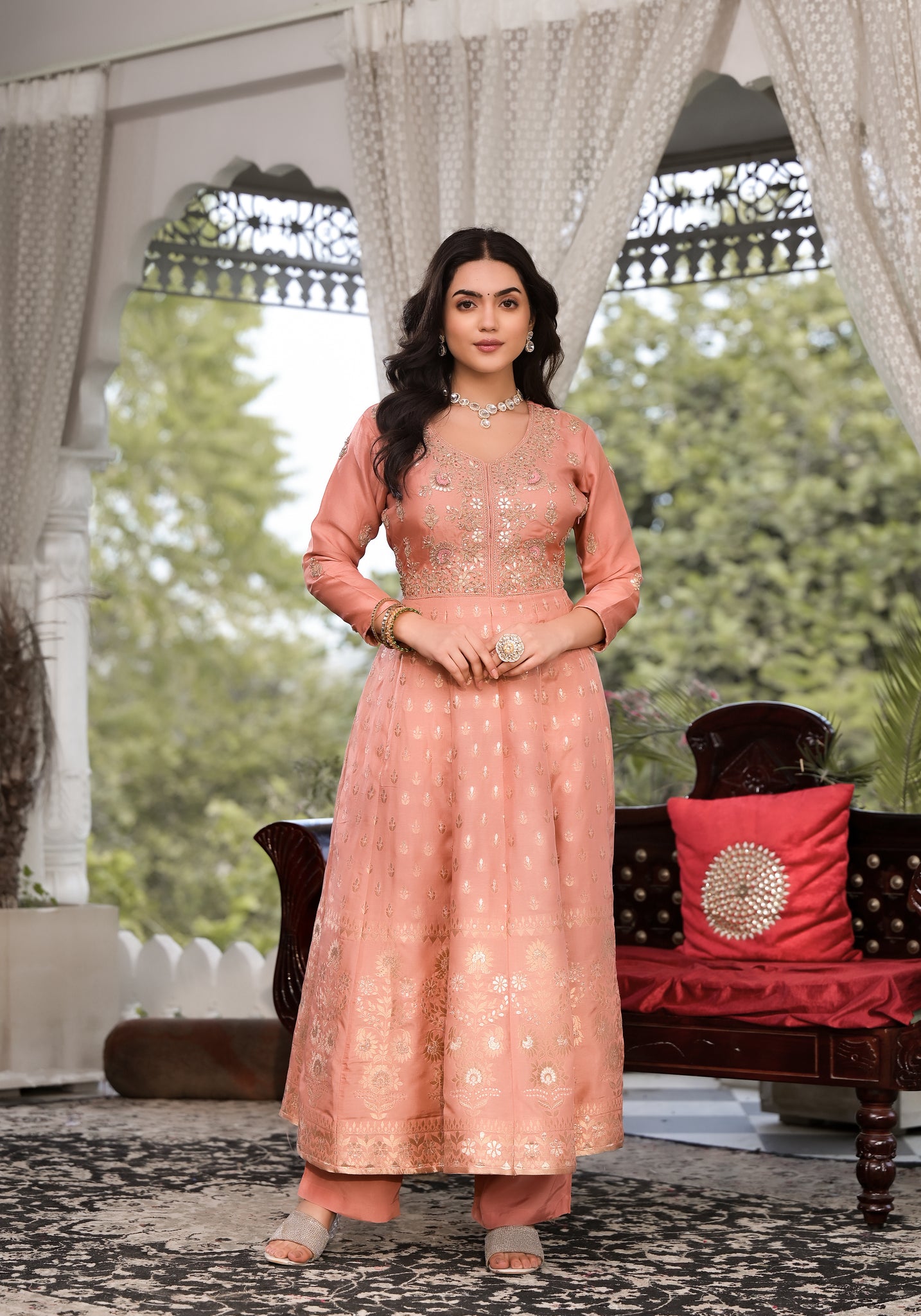 Divena Peach Zardozi Work Banarsi Rusian Silk Kurta Set with Banarsi Organza Dupatta