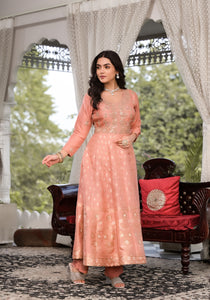 Divena Peach Zardozi Work Banarsi Rusian Silk Kurta Set with Banarsi Organza Dupatta