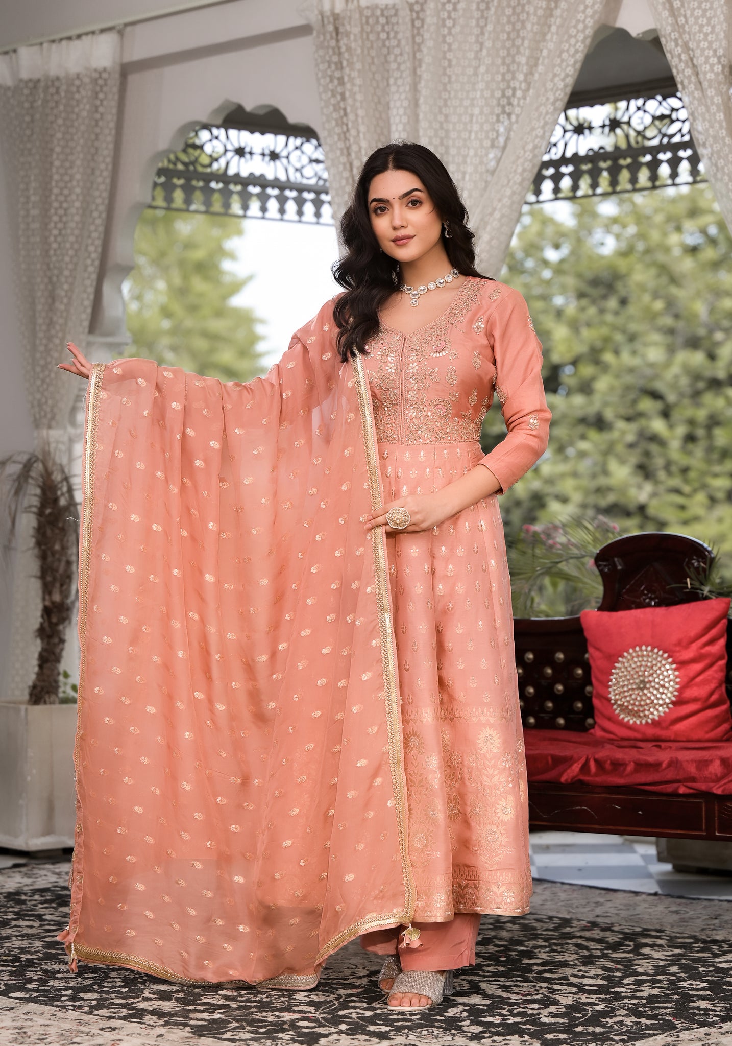 Divena Peach Zardozi Work Banarsi Rusian Silk Kurta Set with Banarsi Organza Dupatta