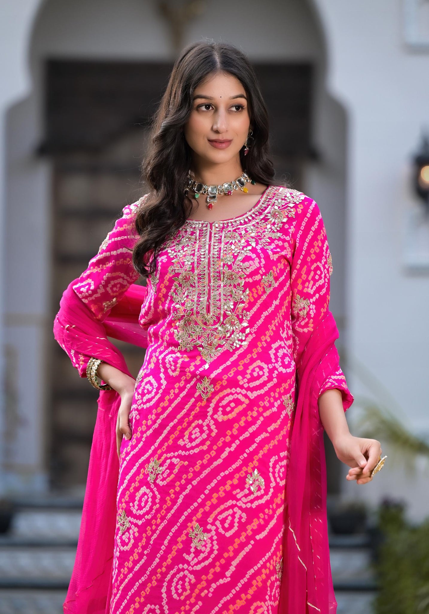 Divena Rani Pink Gota Patti Embroidered Bandhani Print Chinon Kurta Set with shiffon Dupatta