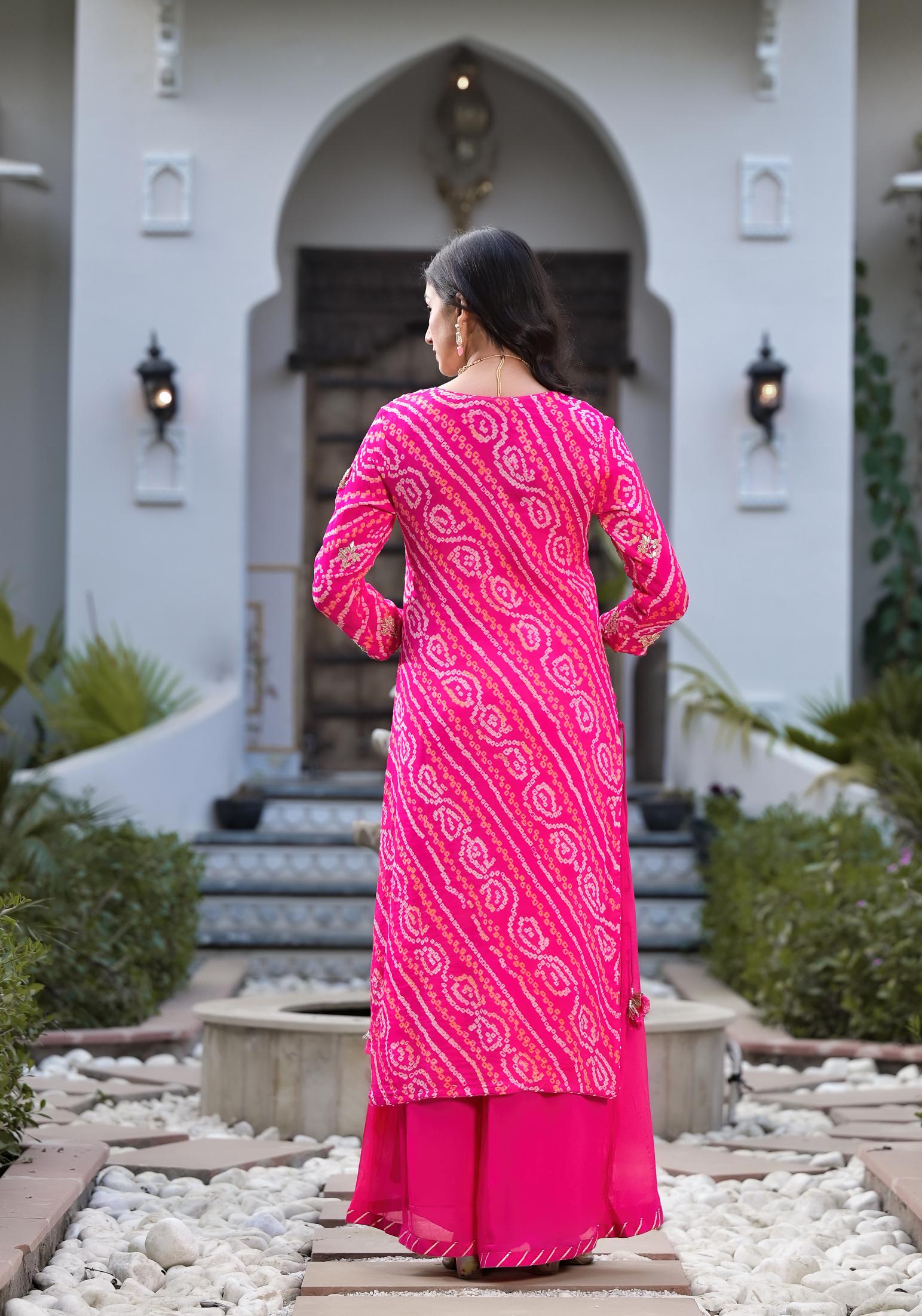 Divena Rani Pink Gota Patti Embroidered Bandhani Print Chinon