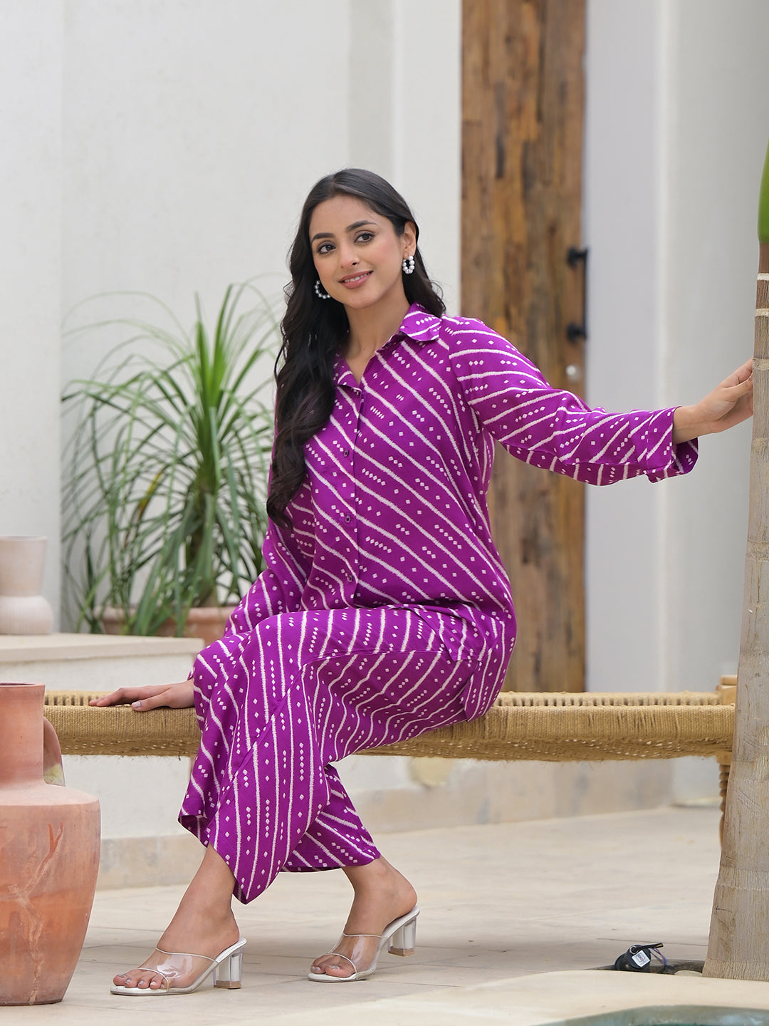 Purple Stripes Shirt With Trousers Co-Ords — view 1