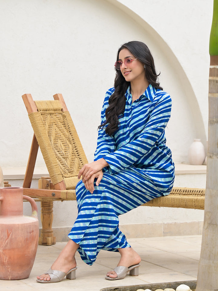 Divena Blue Stripes Shirt With Trousers Co-Ords