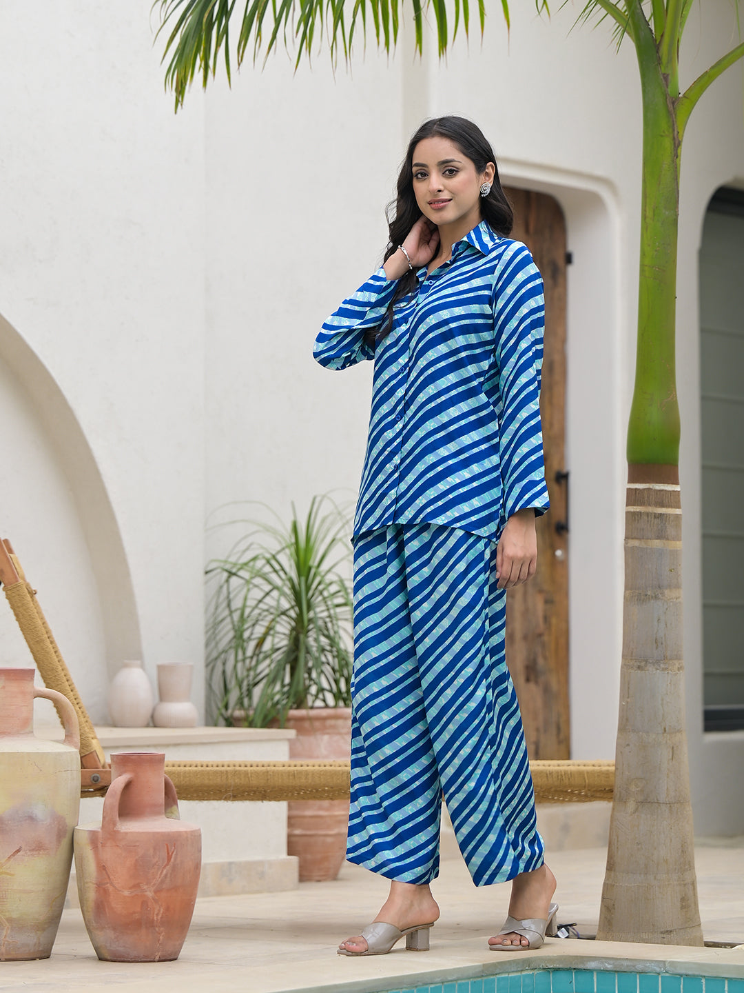 Divena Blue Stripes Shirt With Trousers Co-Ords