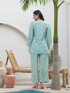 Divena Green Embroidered V-Neck Top With Trousers Co-Ords