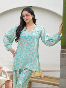 Divena Green Embroidered V-Neck Top With Trousers Co-Ords