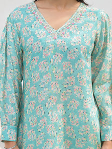 Divena Green Embroidered V-Neck Top With Trousers Co-Ords