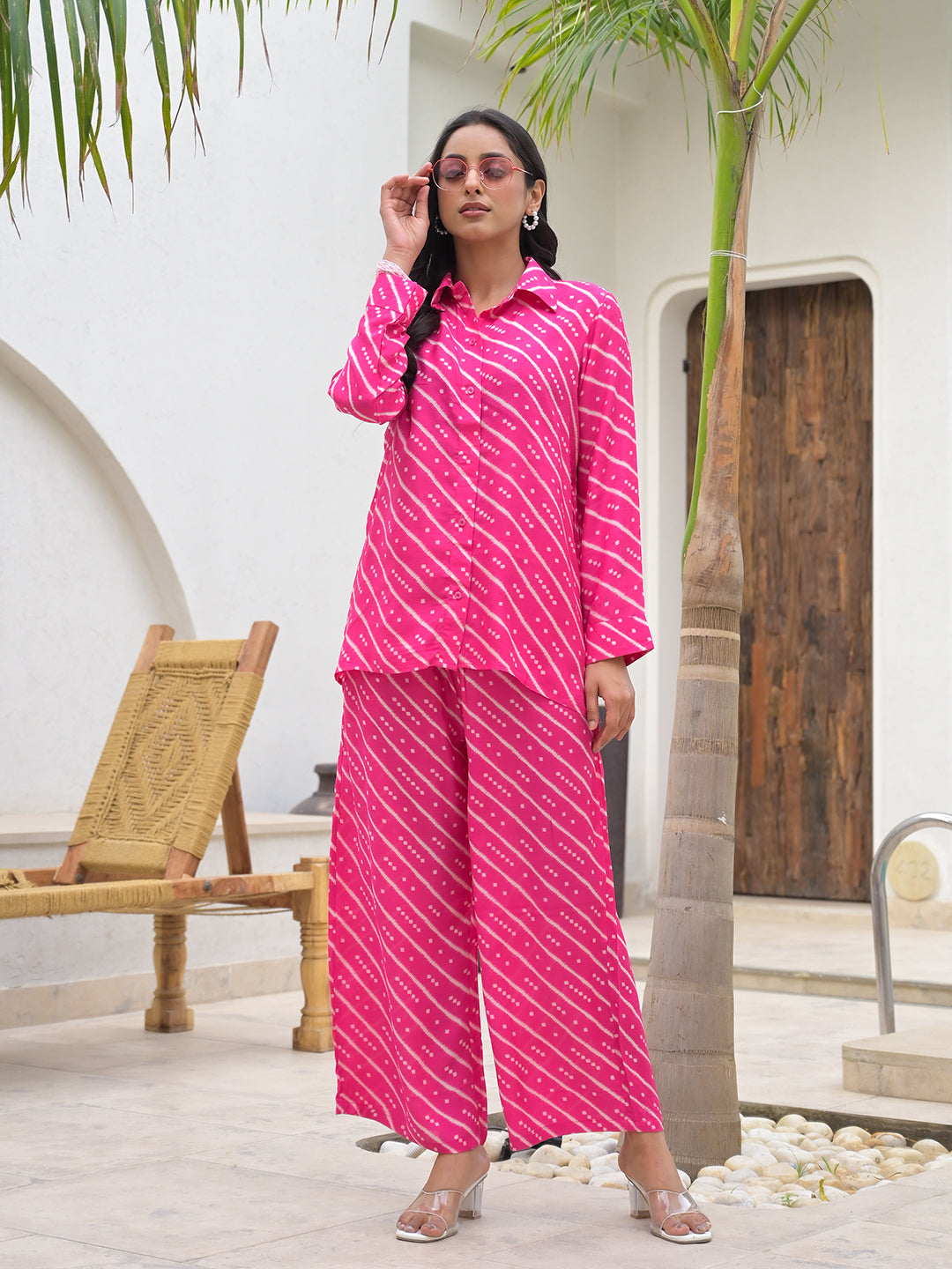 Divena Pink Striped Shirt With Trousers Co-Ords