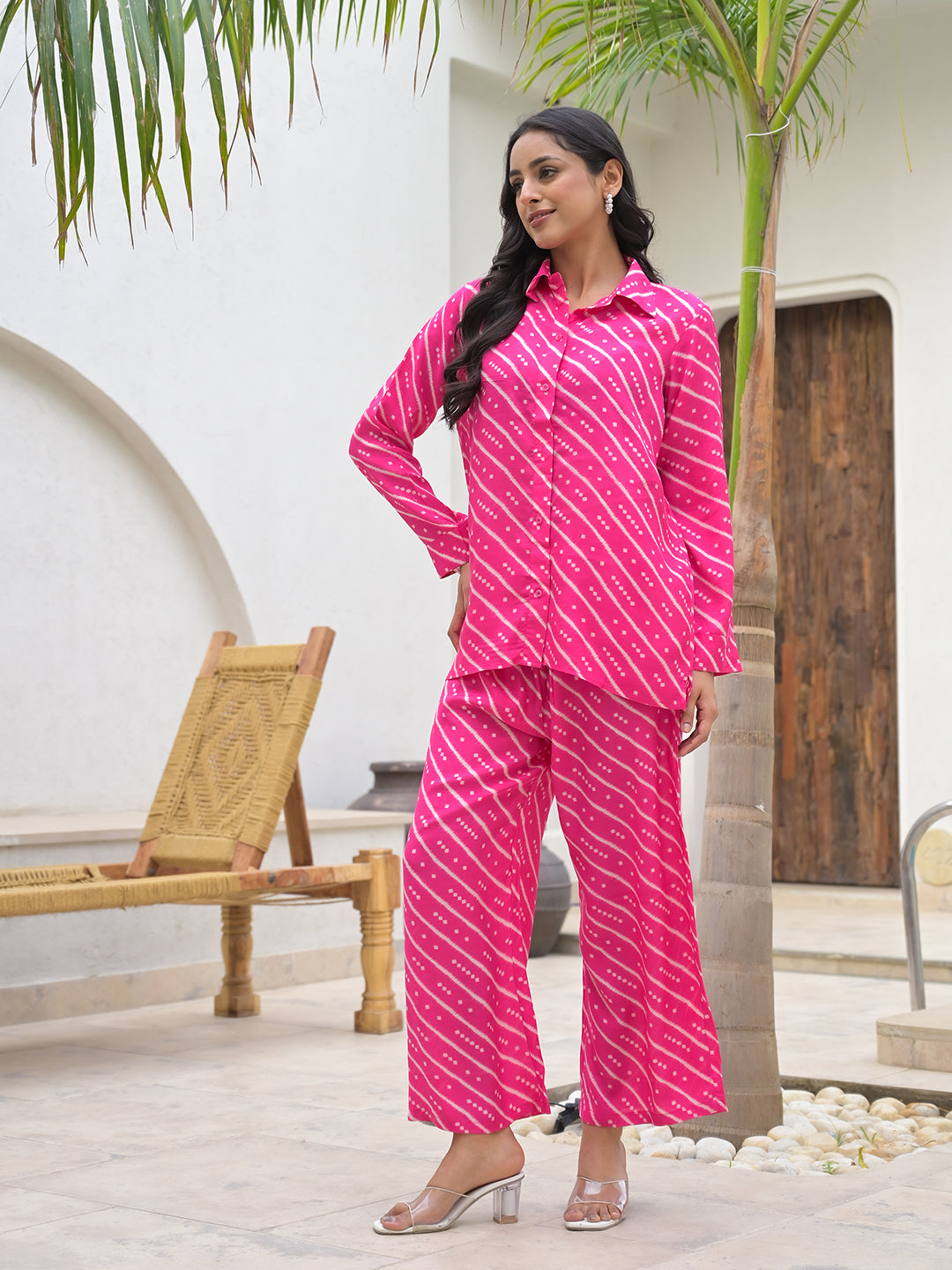 Divena Pink Striped Shirt With Trousers Co-Ords