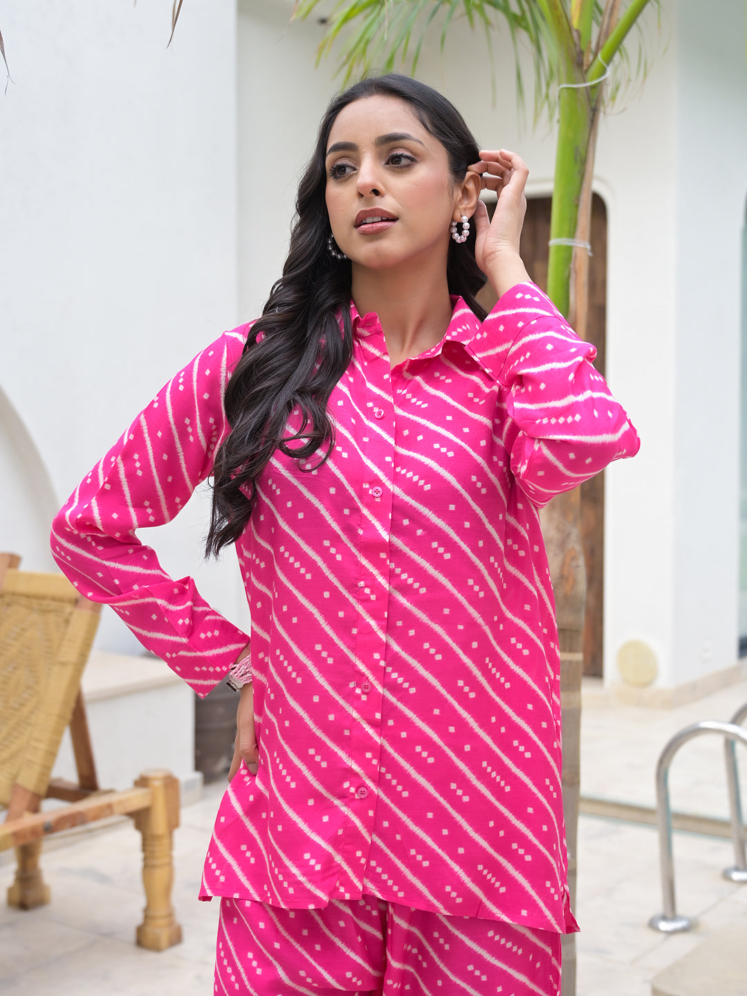 Divena Pink Striped Shirt With Trousers Co-Ords