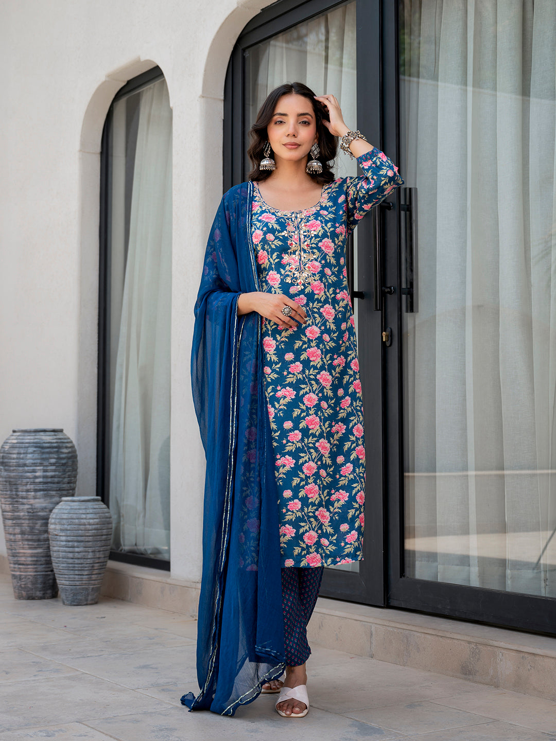 Divena Blue Embroidered Floral Print Muslin Kurta Set