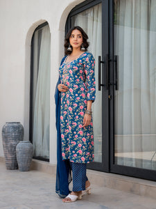 Divena Blue Embroidered Floral Print Muslin Kurta Set