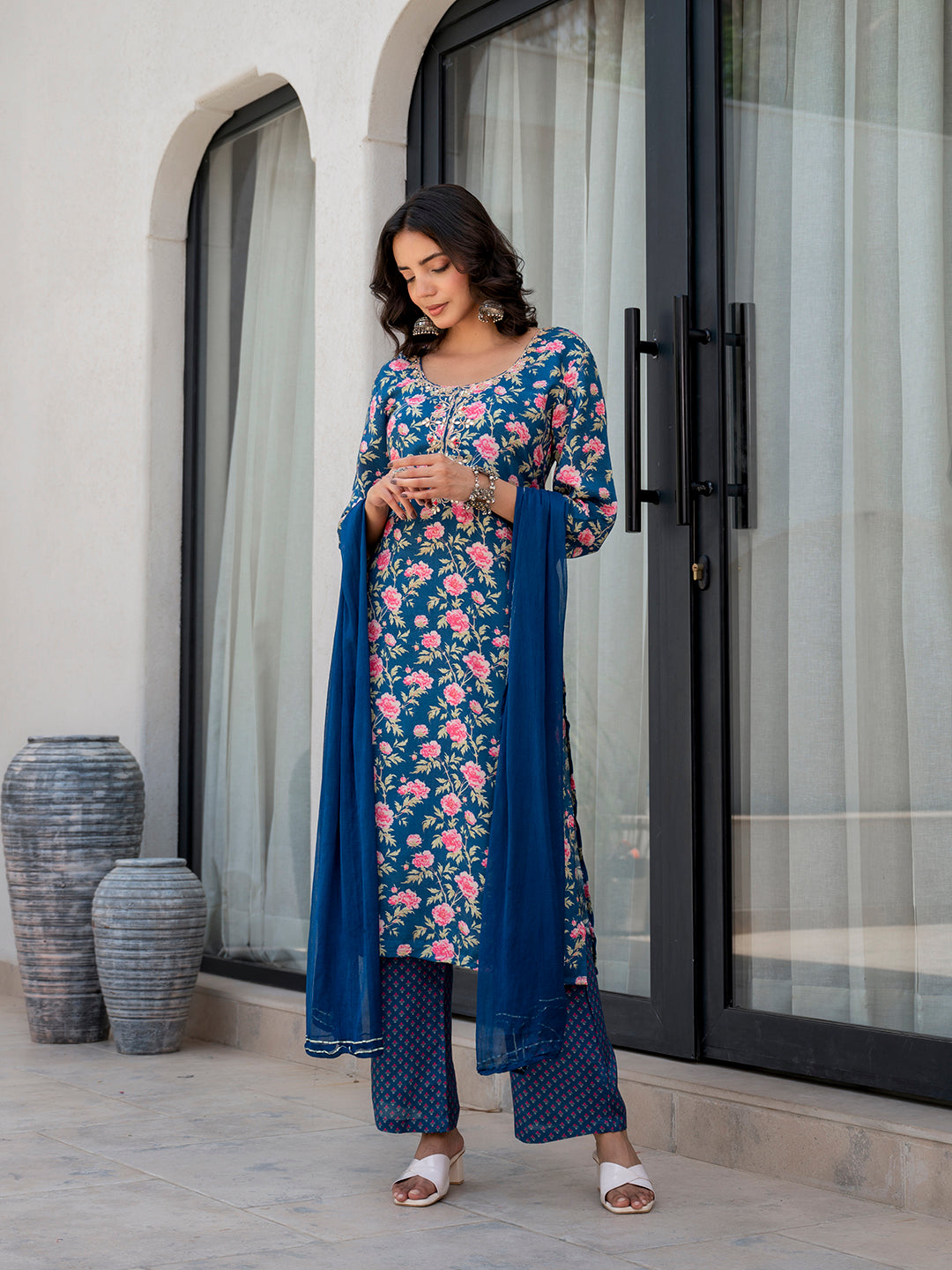 Blue Embroidered Floral Print Muslin Kurta Set — view 1