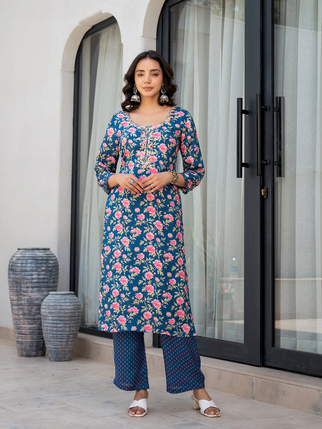 Divena Blue Embroidered Floral Print Muslin Kurta Set