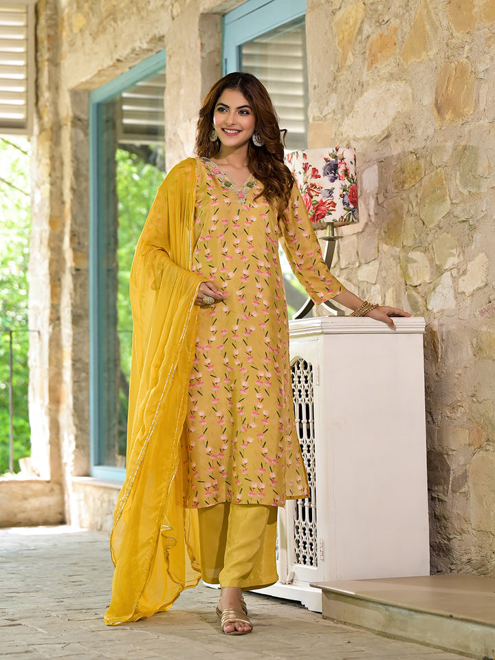 Divena Yellow Floral Printed Bead Work Muslin Kurta Set