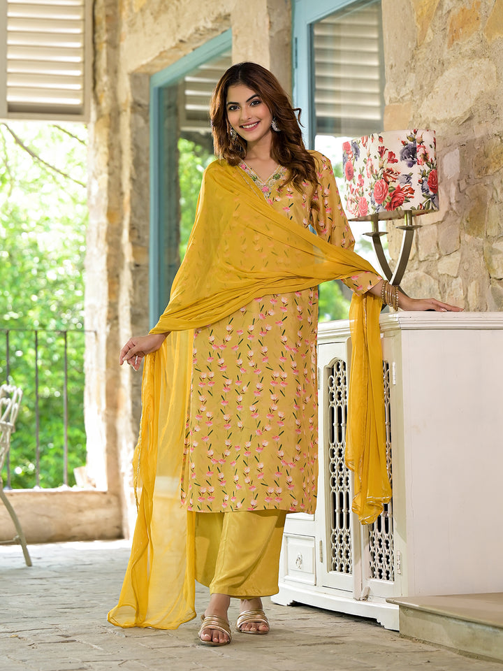 Divena Yellow Floral Printed Bead Work Muslin Kurta Set