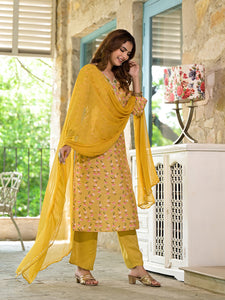 Divena Yellow Floral Printed Bead Work Muslin Kurta Set