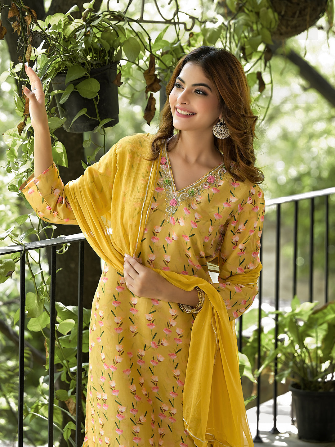 Divena Yellow Floral Printed Bead Work Muslin Kurta Set