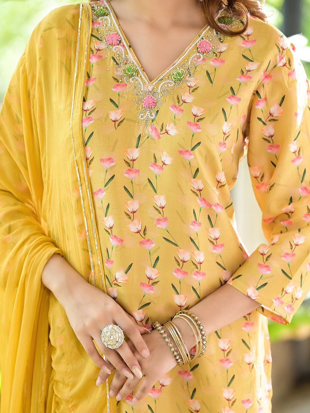 Divena Yellow Floral Printed Bead Work Muslin Kurta Set