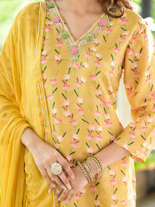 Divena Yellow Floral Printed Bead Work Muslin Kurta Set