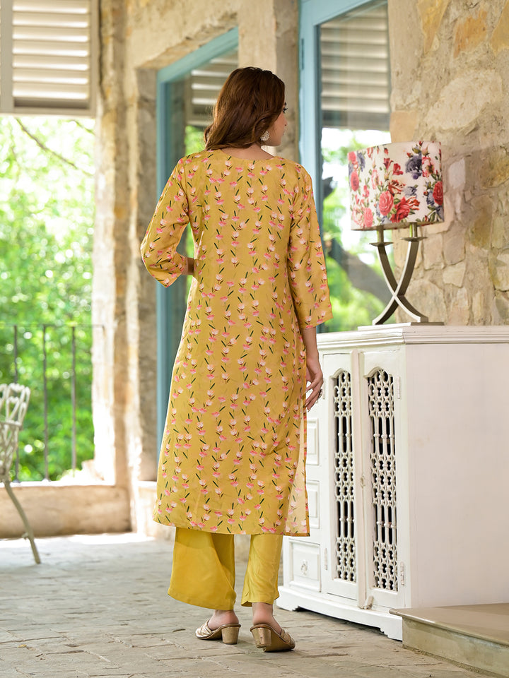 Divena Yellow Floral Printed Bead Work Muslin Kurta Set