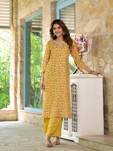 Divena Yellow Floral Printed Bead Work Muslin Kurta Set