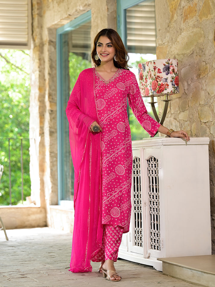 Divena Pink Bandhni Printed Zari Work Muslin Kurta Set