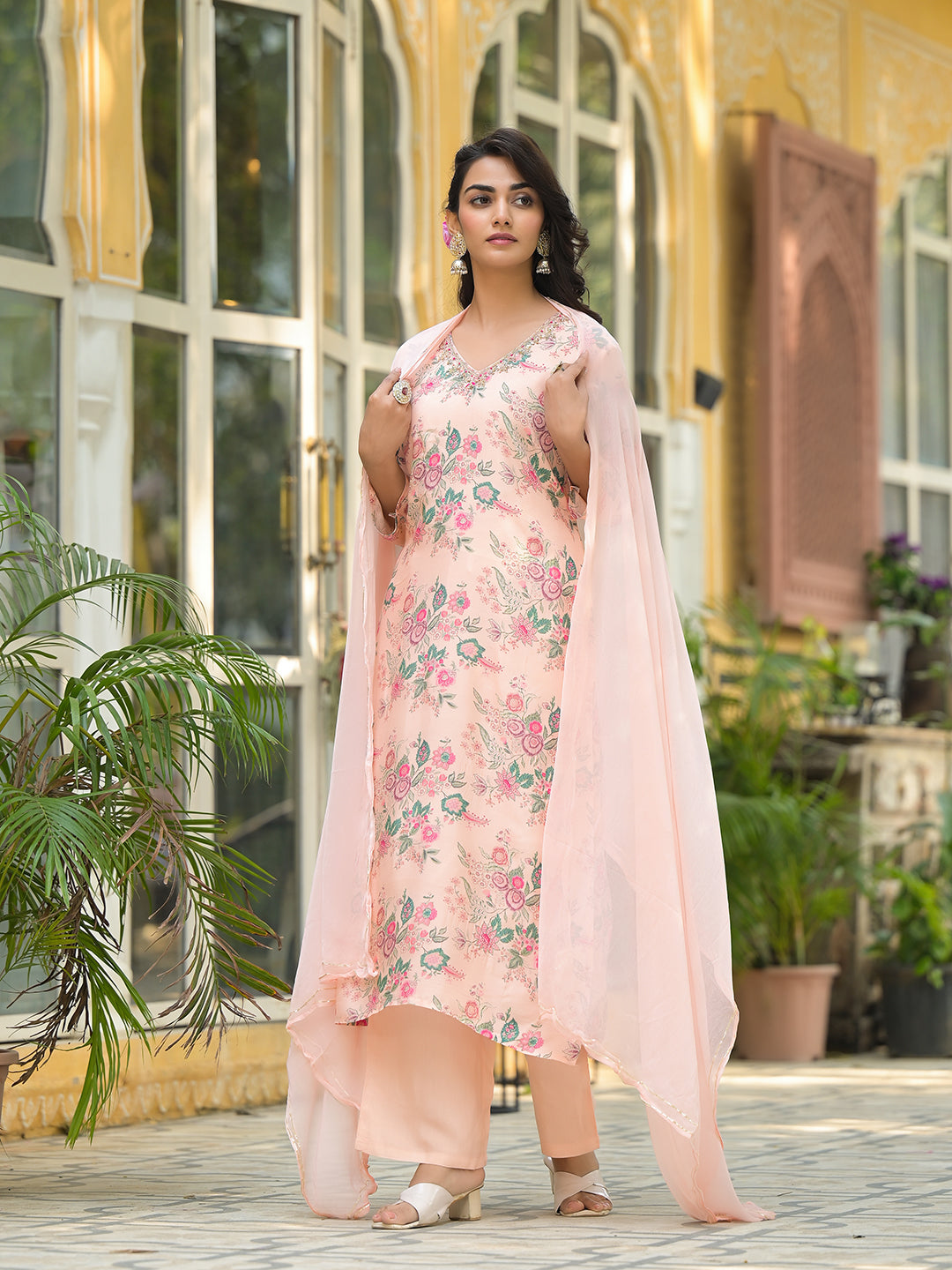 Divena Peach Floral Print Muslin Straight Kurta Set