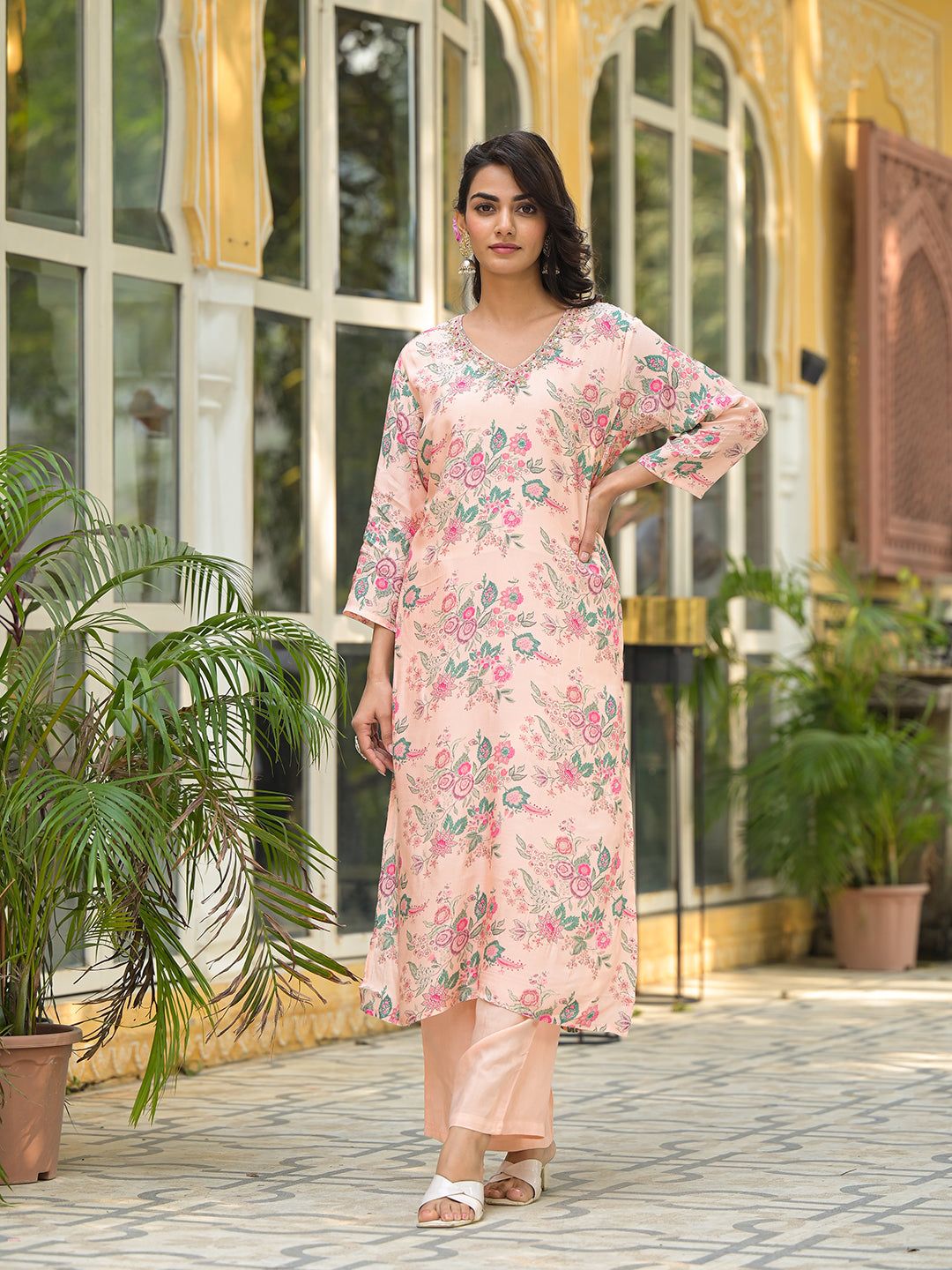 Divena Peach Floral Print Muslin Straight Kurta Set