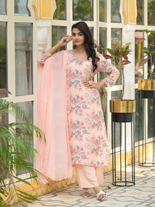 Divena Peach Floral Print Muslin Straight Kurta Set