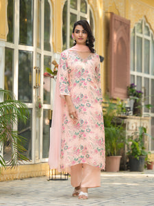 Divena Peach Floral Print Muslin Straight Kurta Set