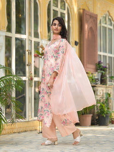 Divena Peach Floral Print Muslin Straight Kurta Set