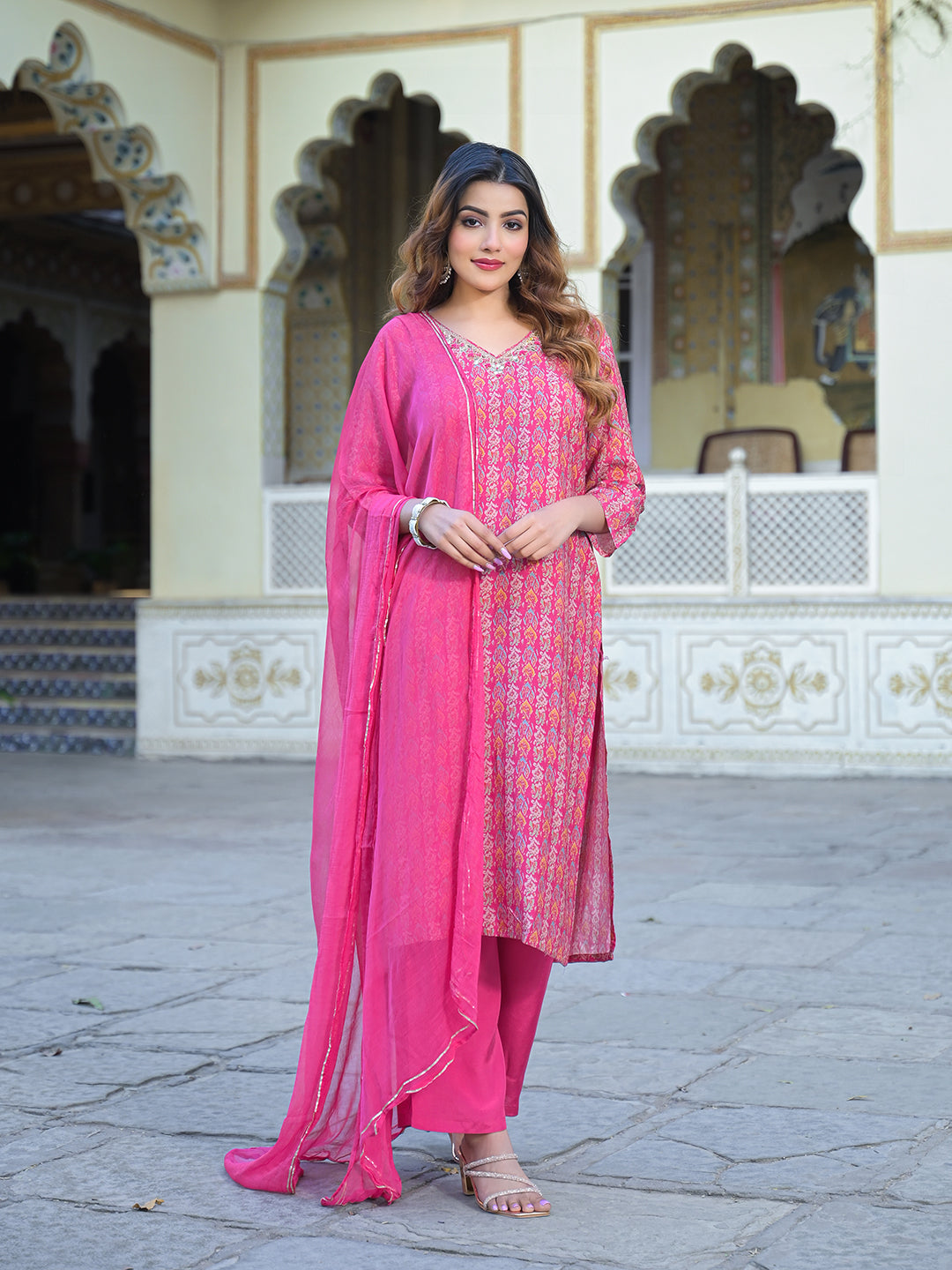 Divena Pink Floral Printed Muslin Straight Kurta Pant with Dupatta