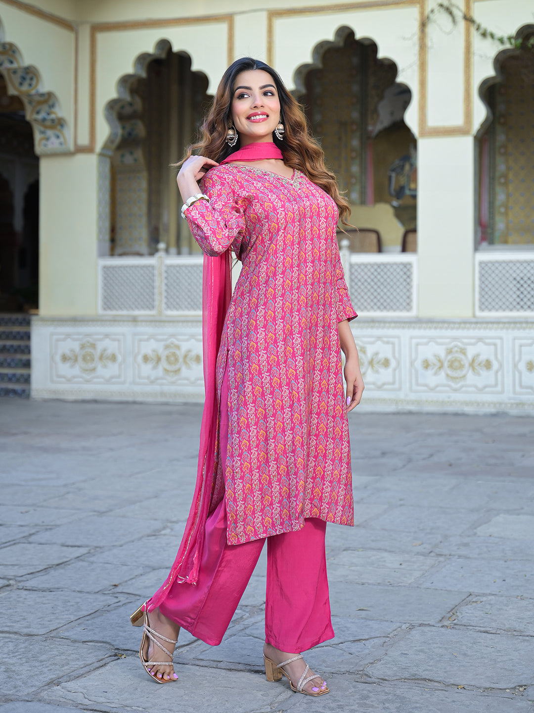 Divena Pink Floral Printed Muslin Straight Kurta Pant with Dupatta