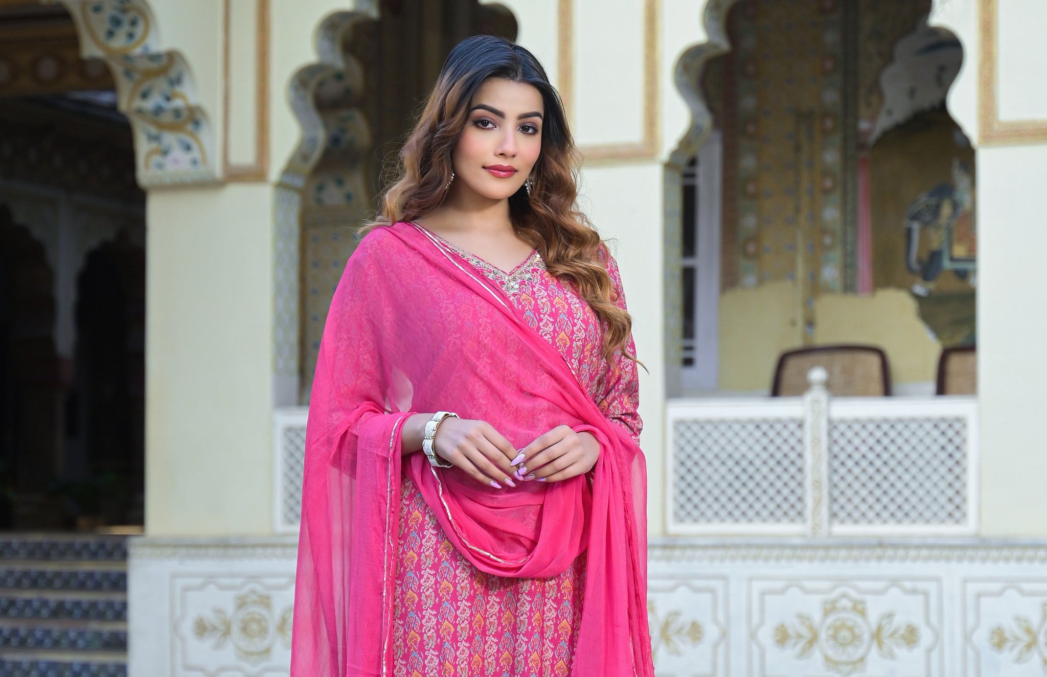 Divena Pink Floral Printed Muslin Straight Kurta Pant with Dupatta