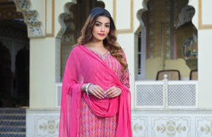 Divena Pink Floral Printed Muslin Straight Kurta Pant with Dupatta