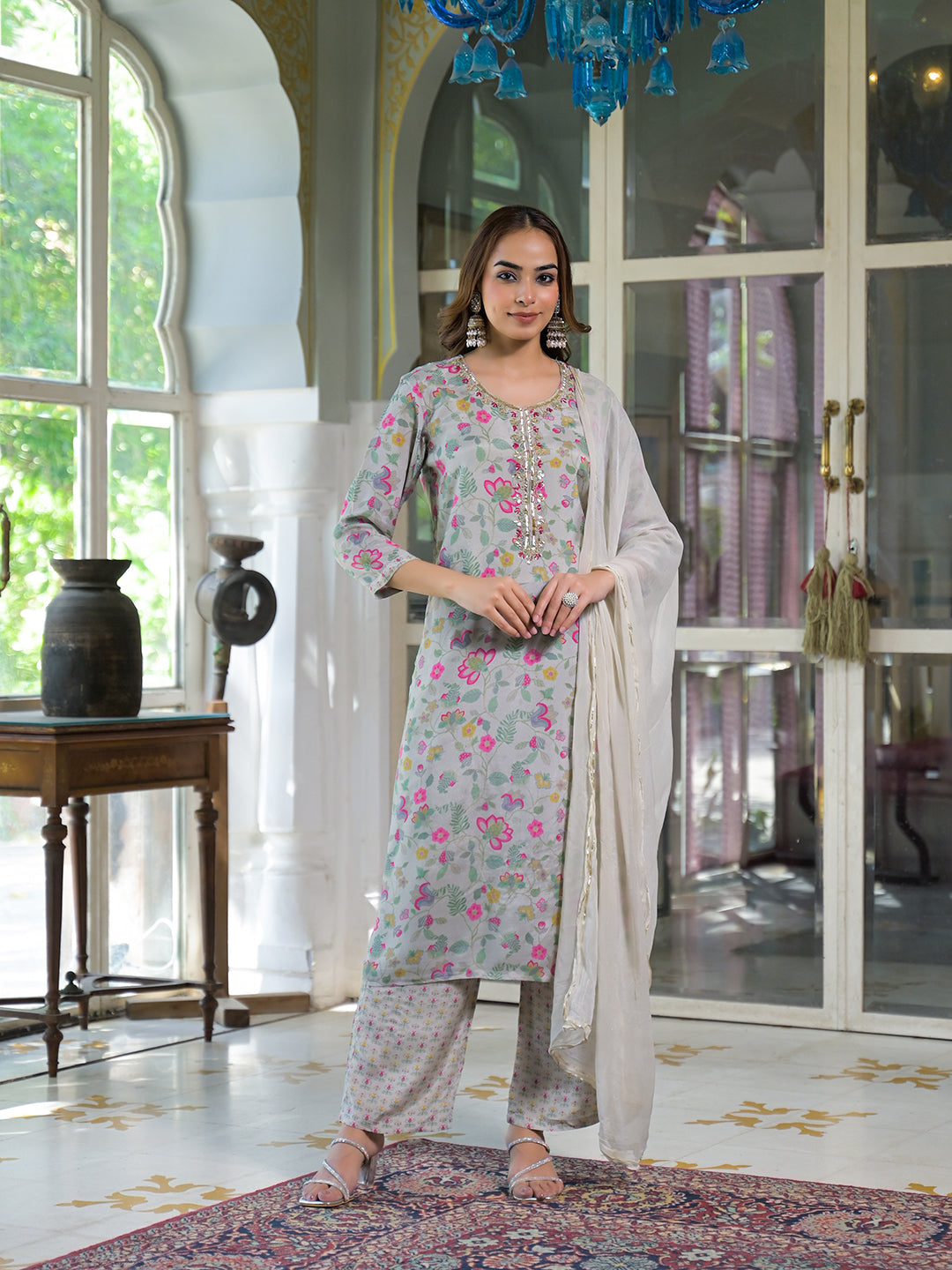 Light Grey Floral Print Muslin Kurta Trouser with Dupatta — view 1