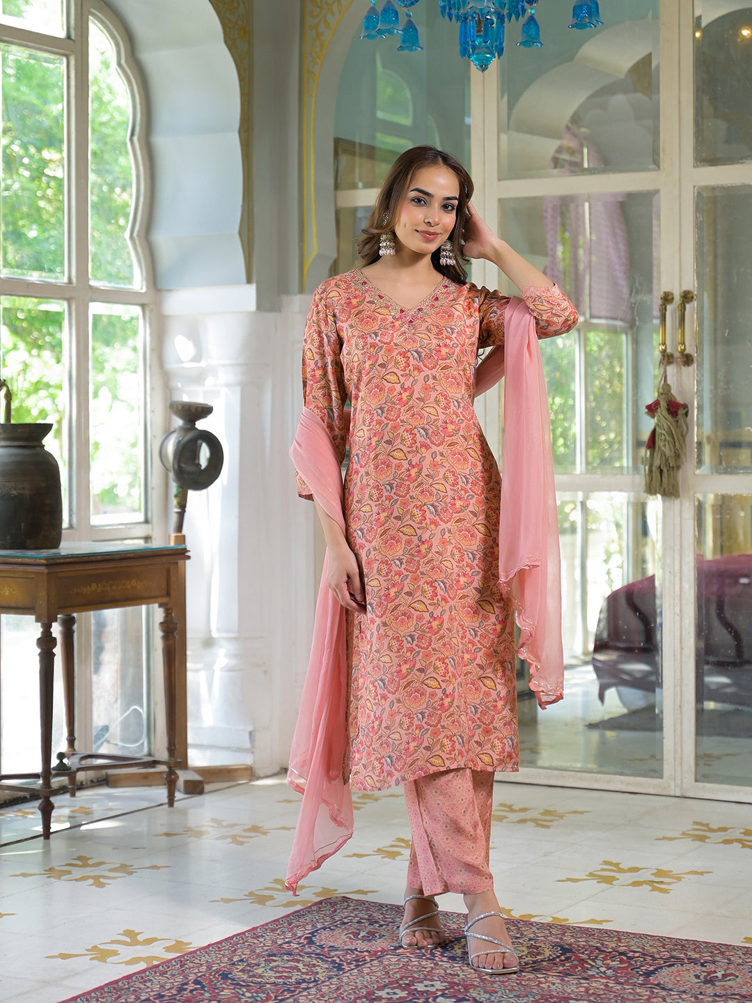 Peach Floral Print Muslin Embroidred Kurta Trouser with Dupatta — view 1