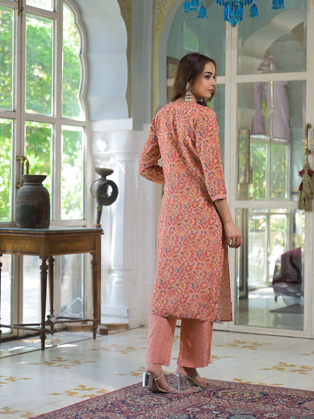 Divena Peach Floral Print Muslin Embroidred Kurta Trouser with Dupatta
