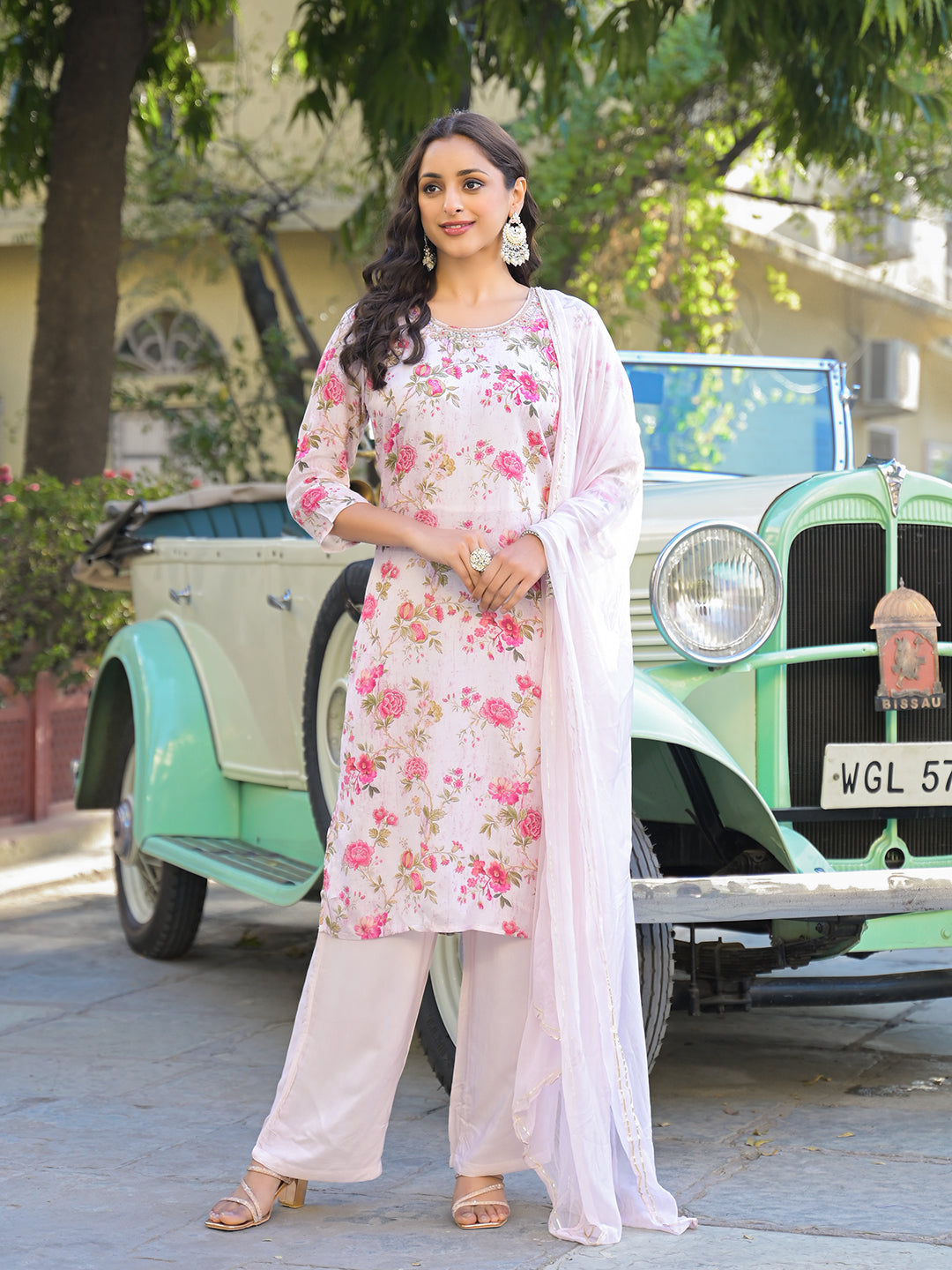 Divena Light Pink Floral Printed Muslin Straight Kurta Pant with Dupatta