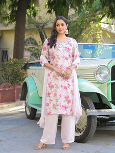 Divena Light Pink Floral Printed Muslin Straight Kurta Pant with Dupatta