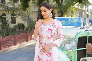 Divena Light Pink Floral Printed Muslin Straight Kurta Pant with Dupatta