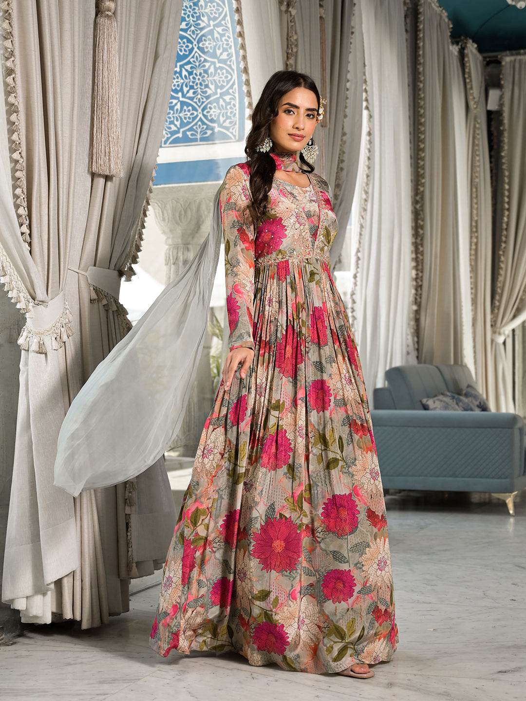 Pink Multi Digital Print Pure Crepe Long Party dress with Dupatta