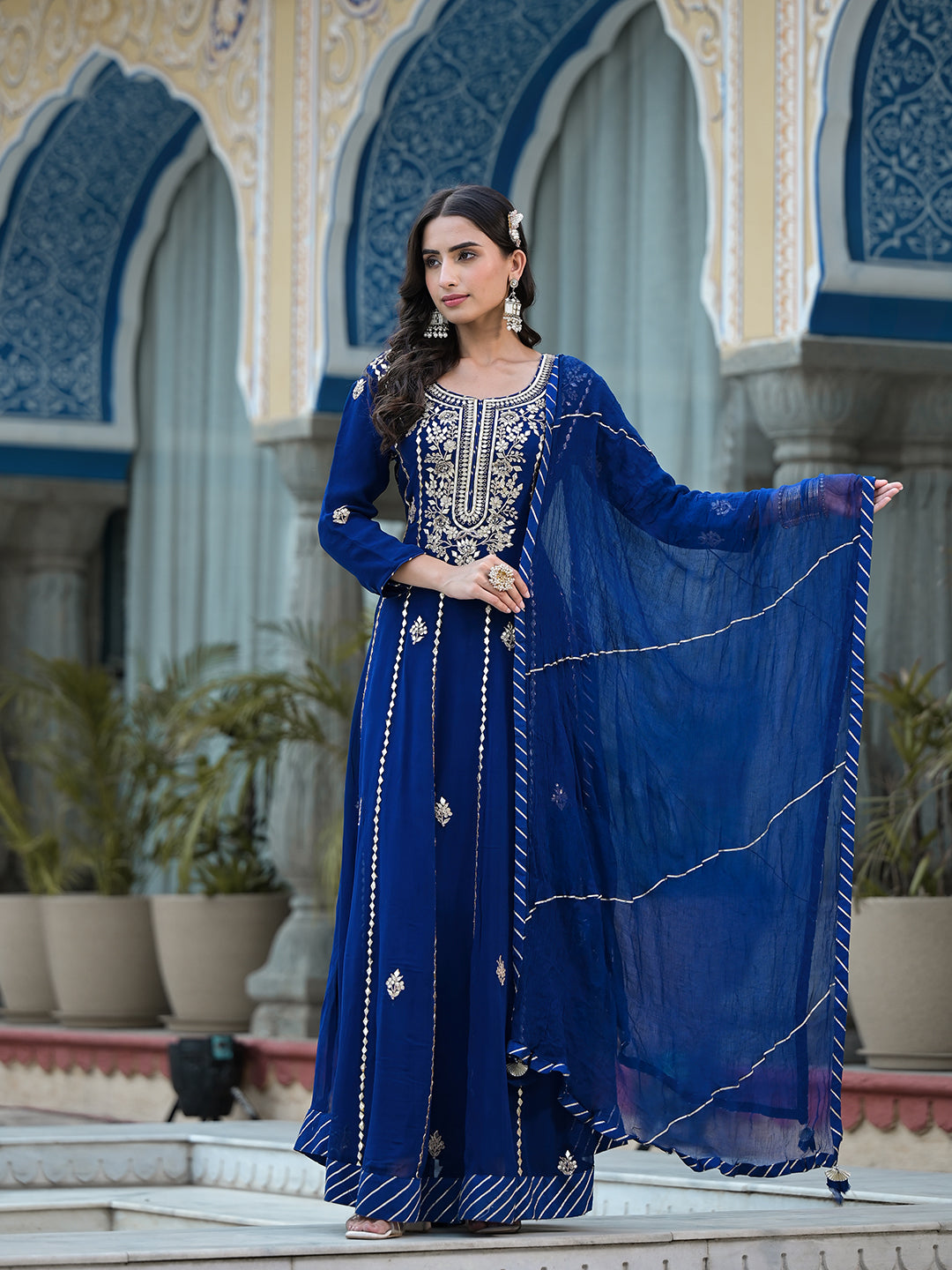 Blue Gota Patii work Georgette Long Kurta with Shantoon Lining with Dupatta