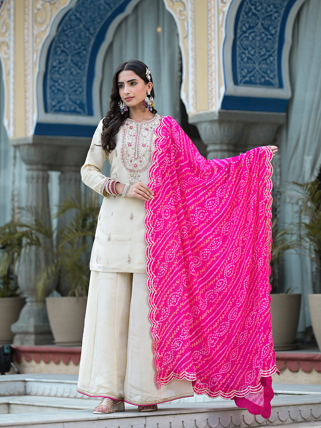 Cream Gota patti & Zardozi Work Tissue Fabric Kurta Sharara Set with Bandhani Dupatta