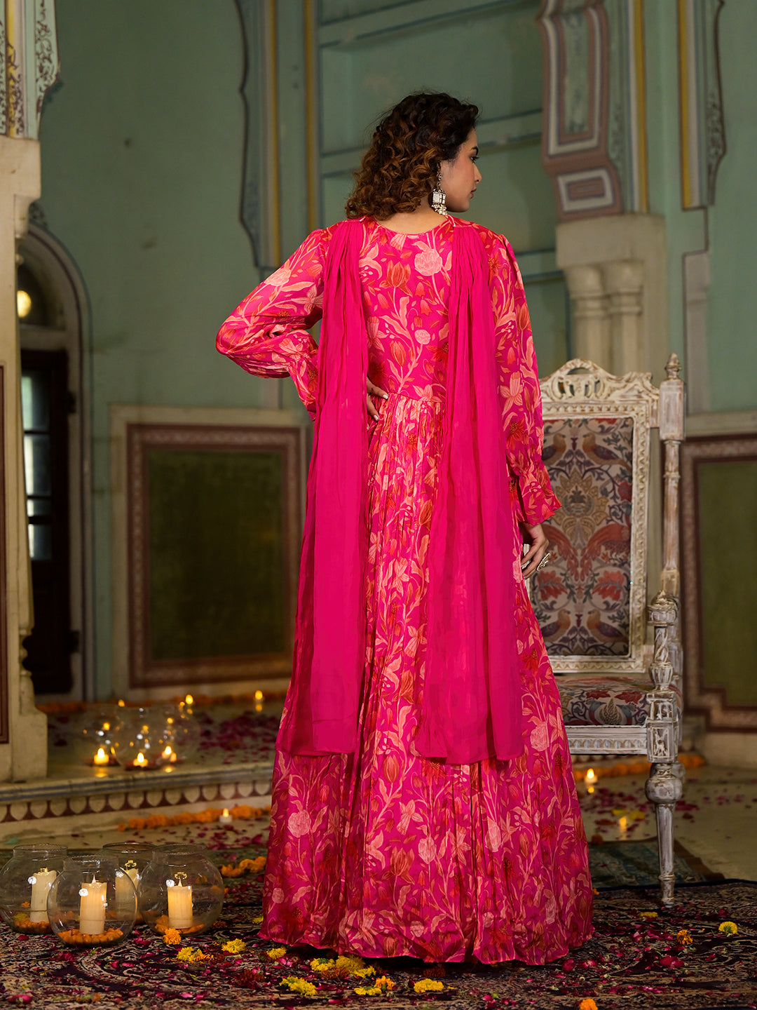 Rani Pink Digital Print Zardozi Work Chinon fabric Long Party Dress with Organza Dupatta