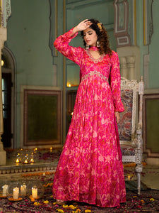 Rani Pink Digital Print Zardozi Work Chinon fabric Long Party Dress with Organza Dupatta