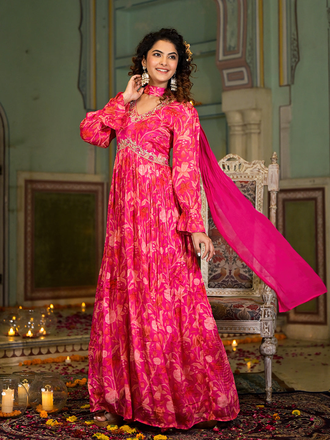 Rani Color Embroidered Readymade Long Anarkali Style Gown With Dupatta