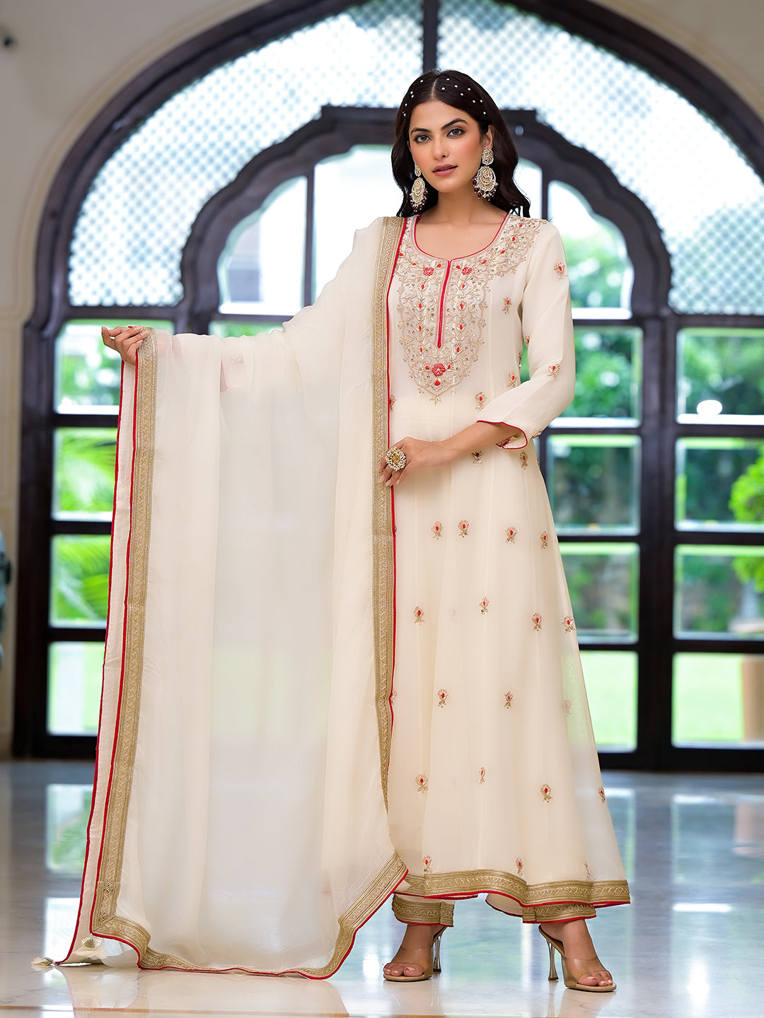 Divena Cream Embroidered Zari Work Georgette  Kurta Set