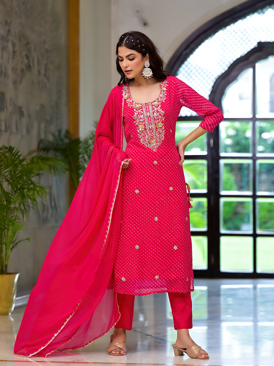 Pink Leheriya Print Georgette Fabric Straight Kurta & Trouser with Dupatta — view 1